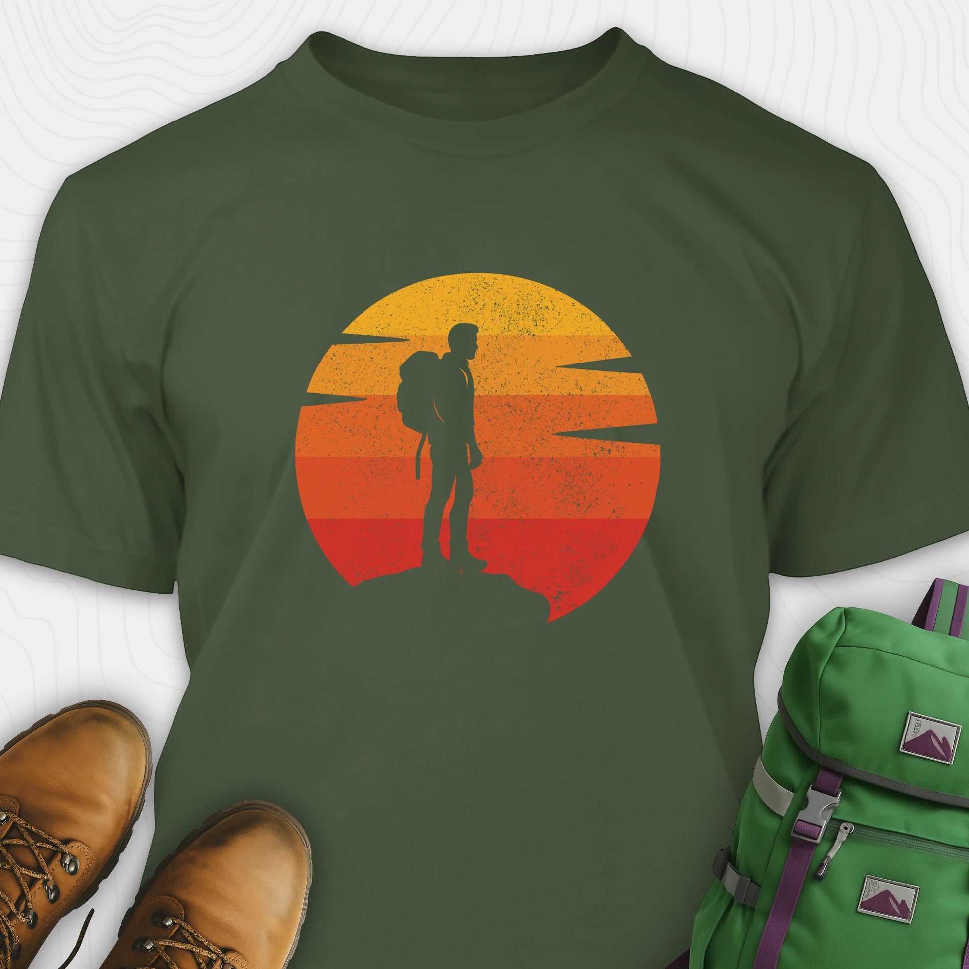 Green retro sunset t-shirt with hiker silhouette