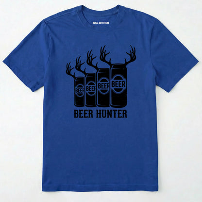 Royal t-shirt with black graphic and text 'beer hunter' on a white background