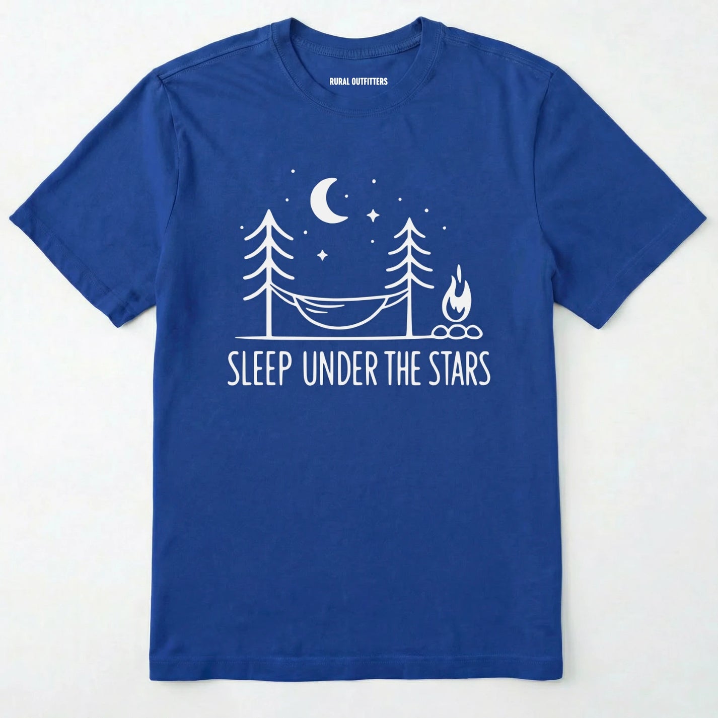 Royal night sky shirt with hammock, moon, stars and campfire design on a white background.