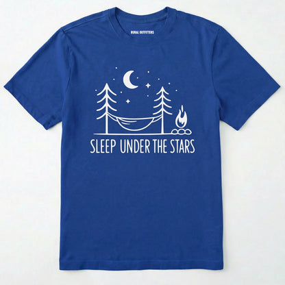 Royal night sky shirt with hammock, moon, stars and campfire design on a white background.