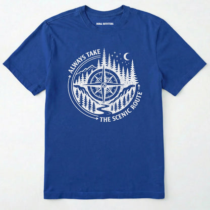 Royal always take the scenic route t-shirt with compass graphic and text on a white background.