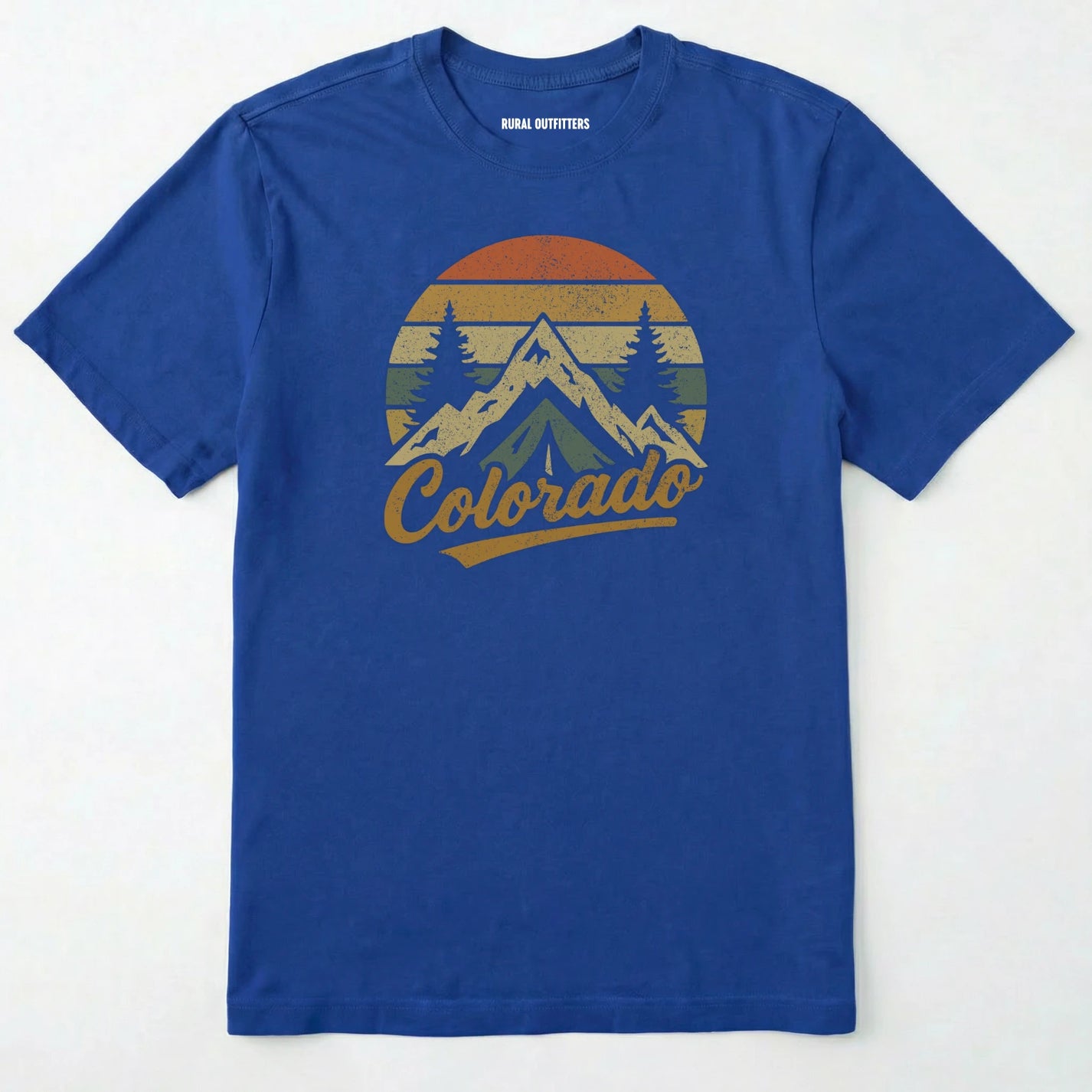 Royal colorado t-shirt with retro sunset and mountain design on a white background.