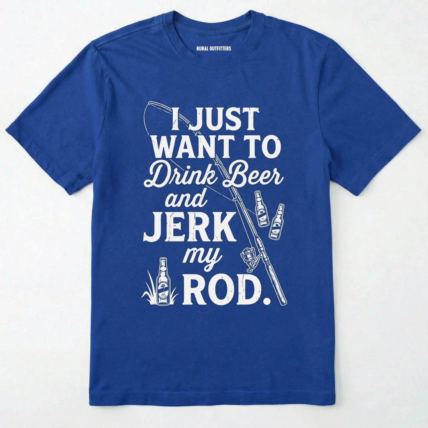 Royal t-shirt with white text and graphics on a white background