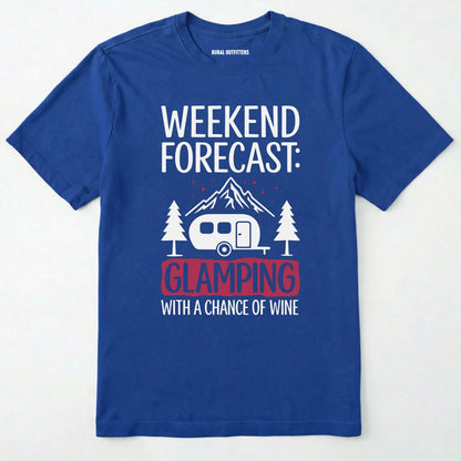 Royal glamping shirt with camping trailer and forest illustration on a white background.