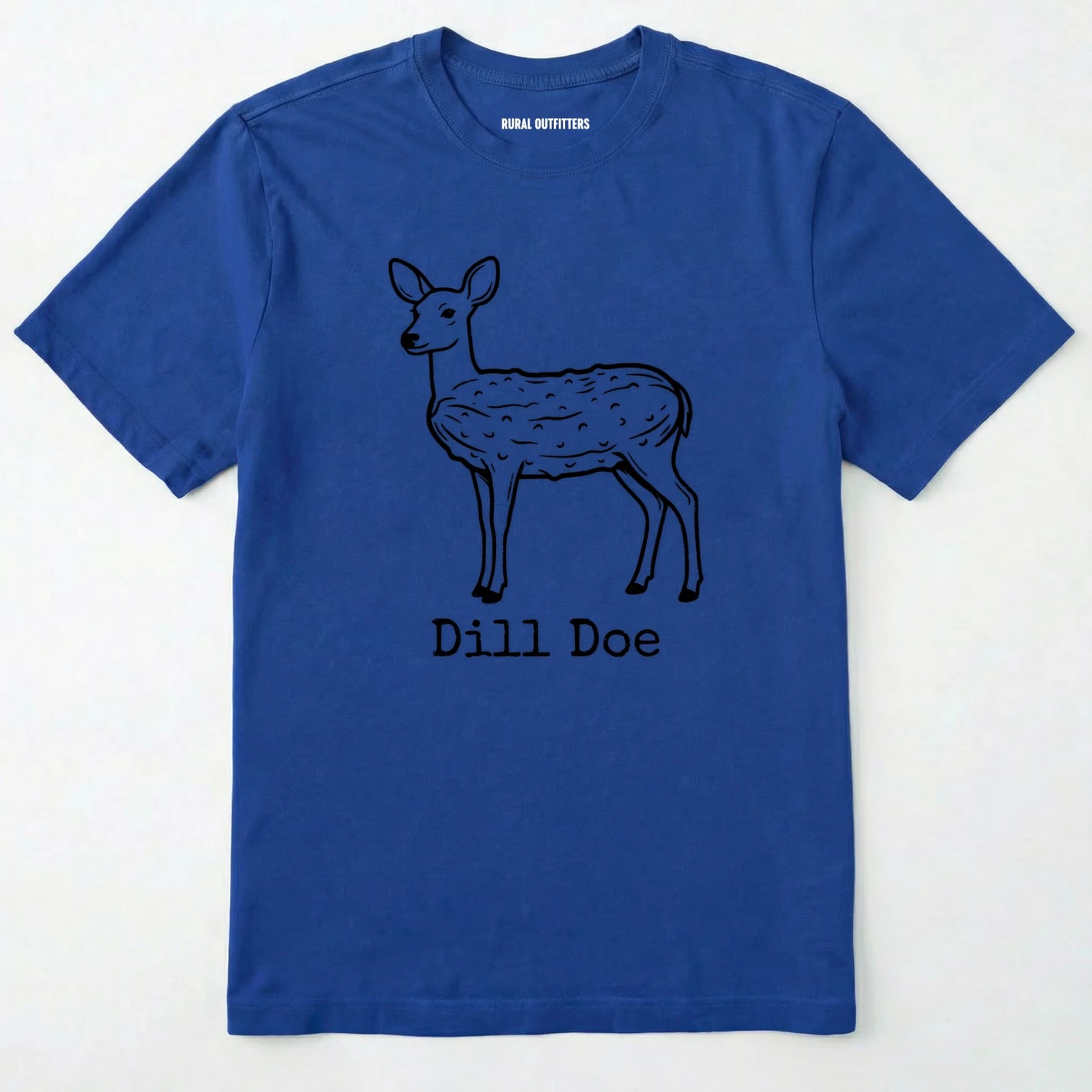 Royal t-shirt with a deer graphic and 'dill doe' text on a white background