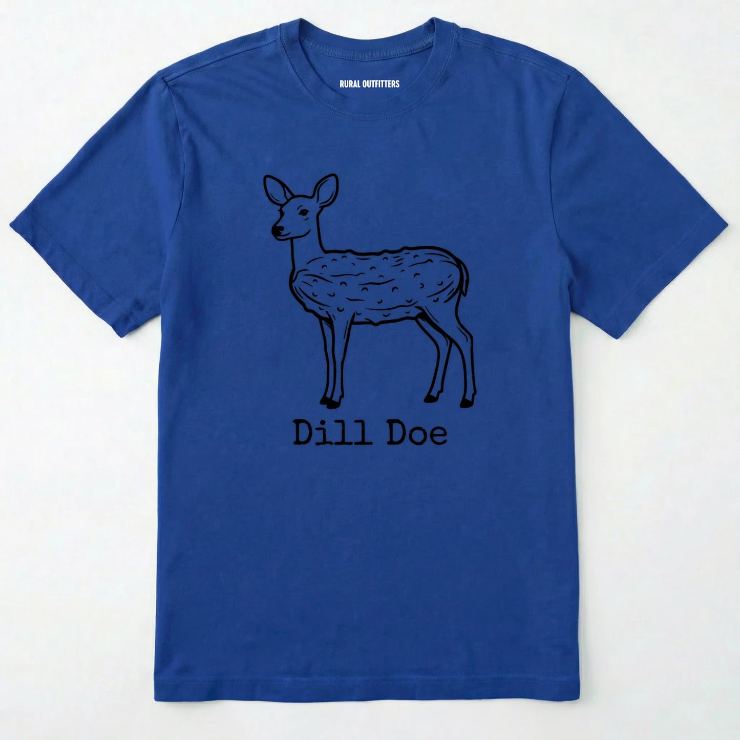 Royal t-shirt with a deer graphic and 'dill doe' text on a white background