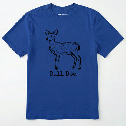 Royal t-shirt with a deer graphic and 'dill doe' text on a white background