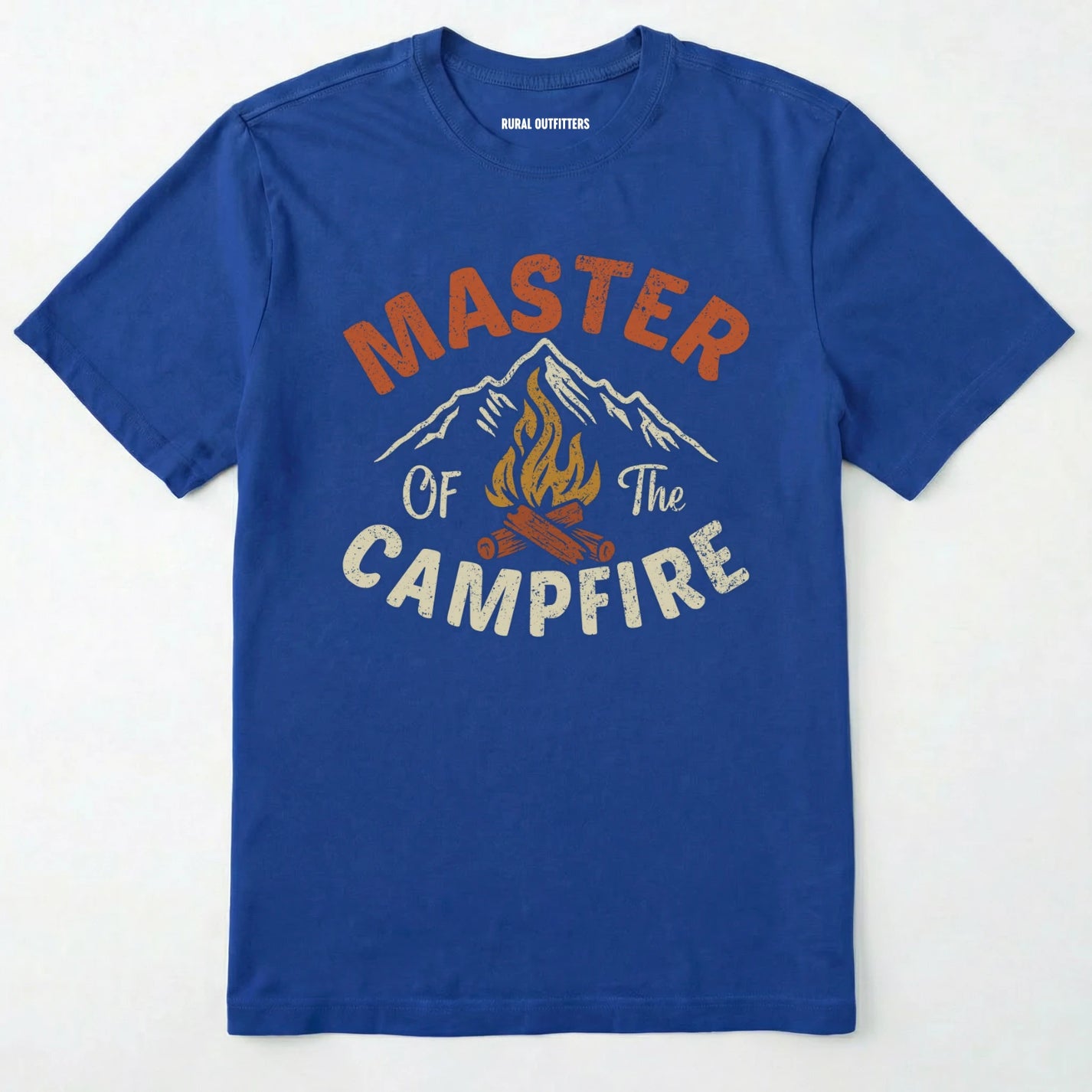 Royal fire starter shirt with retro campfire and mountain graphic, featuring "master of the campfire" text on a white background.