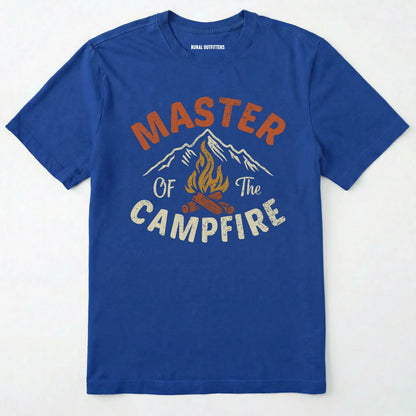Royal fire starter shirt with retro campfire and mountain graphic, featuring "master of the campfire" text on a white background.