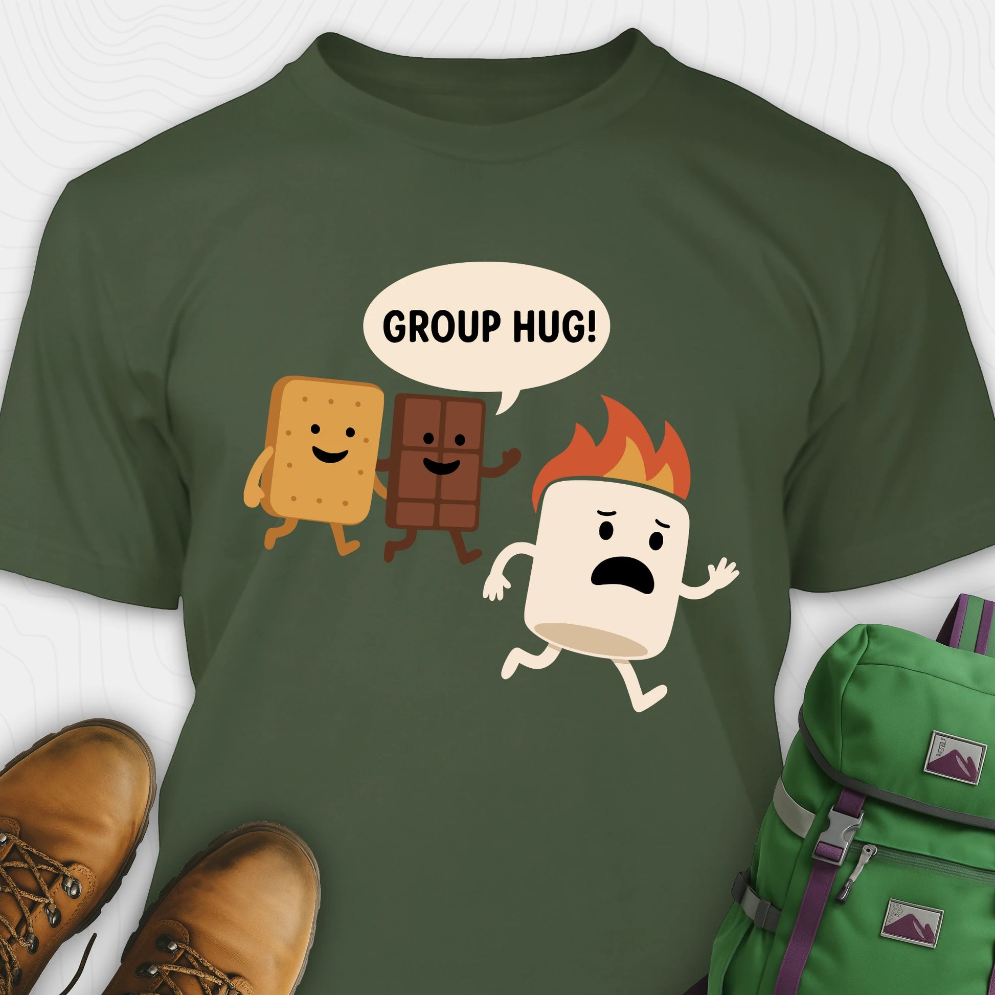 Green smores shirt with marshmallow chocolate and graham cracker characters with "group hug!" text