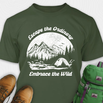 Green escape the ordinary t-shirt with mountain and tent graphic