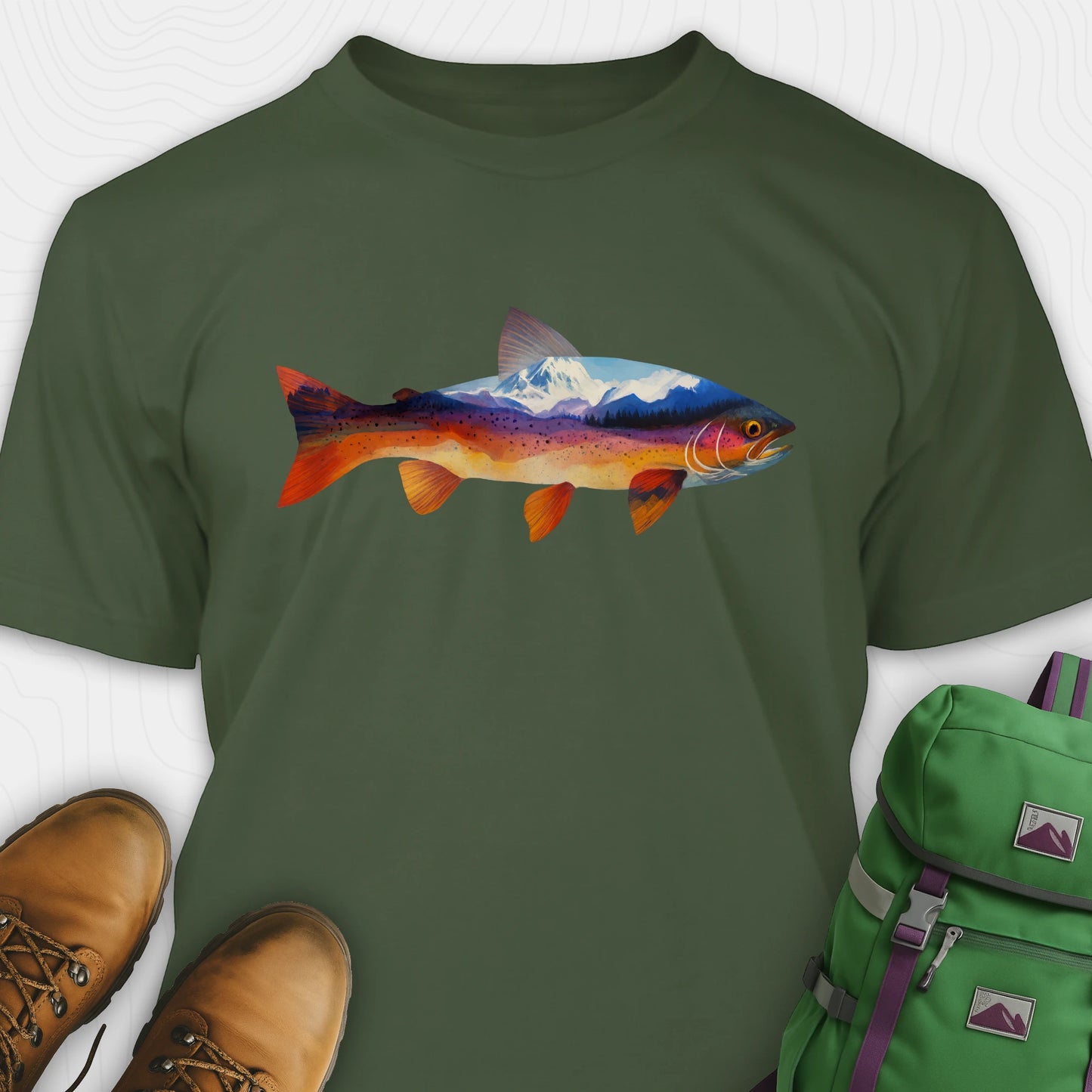 Green fish shirt with a colorful trout and mountain landscape graphic