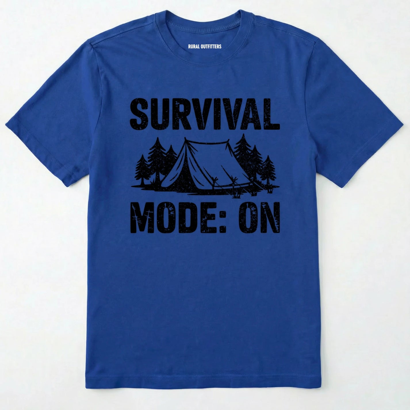 Royal bushcraft shirt with survival mode on text, featuring a tent and a pine tree design on a white background.