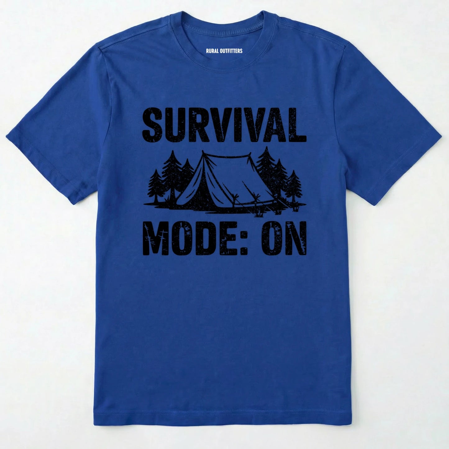 Royal bushcraft shirt with survival mode on text, featuring a tent and a pine tree design on a white background.