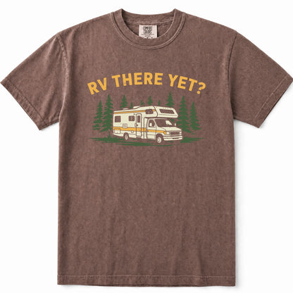 Espresso short-sleeve crewneck t-shirt with a graphic print of an RV in a forest with the text 'RV THERE YET?' in yellow, displayed flat against a white background.