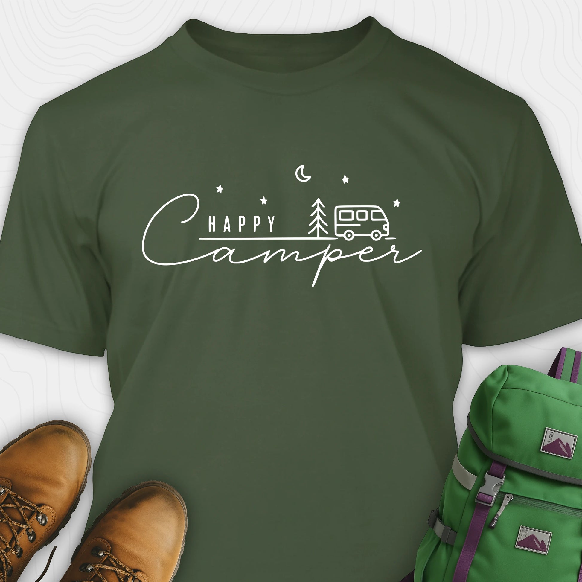 Green happy camper tee with minimalist camper and night sky design
