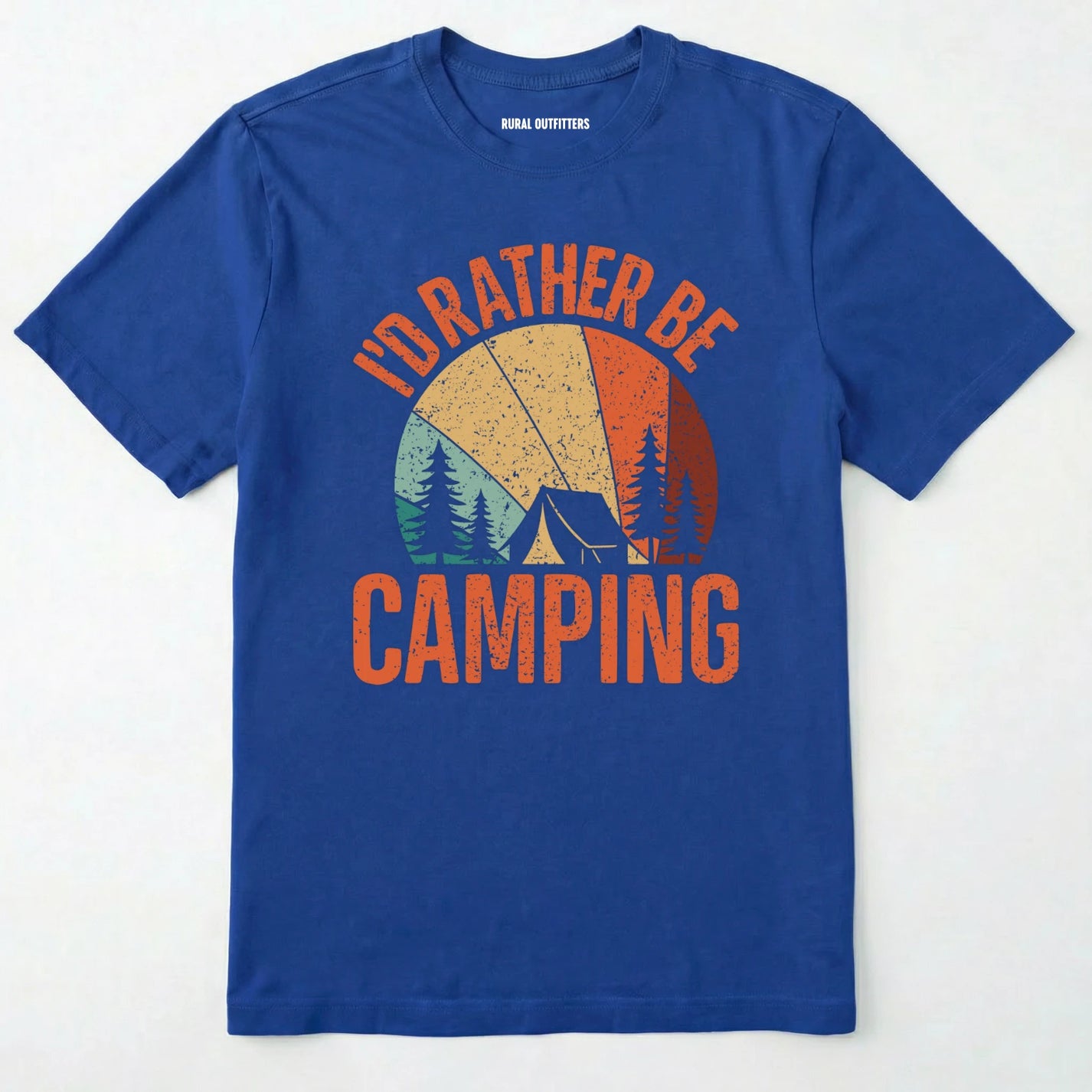 Royal t-shirt with 'i'd rather be camping' graphic design on a white background