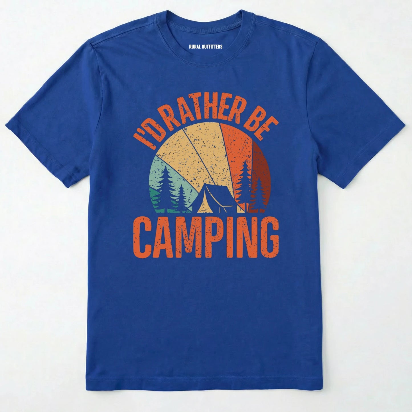 Royal t-shirt with 'i'd rather be camping' graphic design on a white background