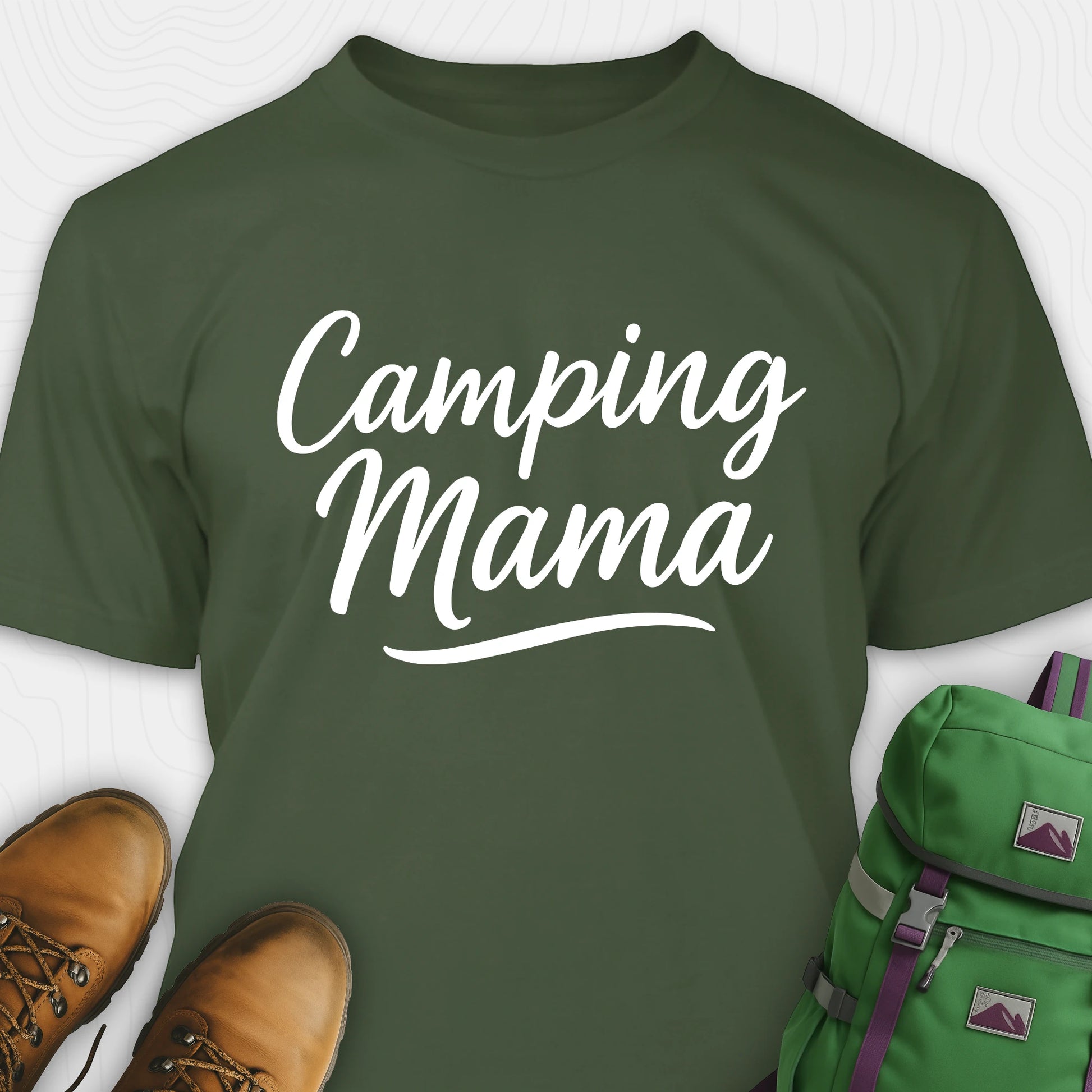 Green camping mama shirt with script design