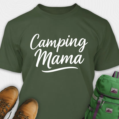 Green camping mama shirt with script design