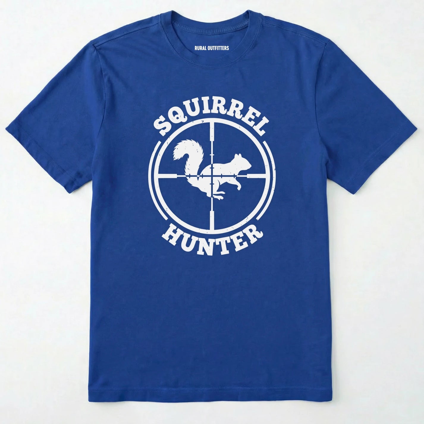 Royal t-shirt with 'squirrel hunter' graphic design on a white background