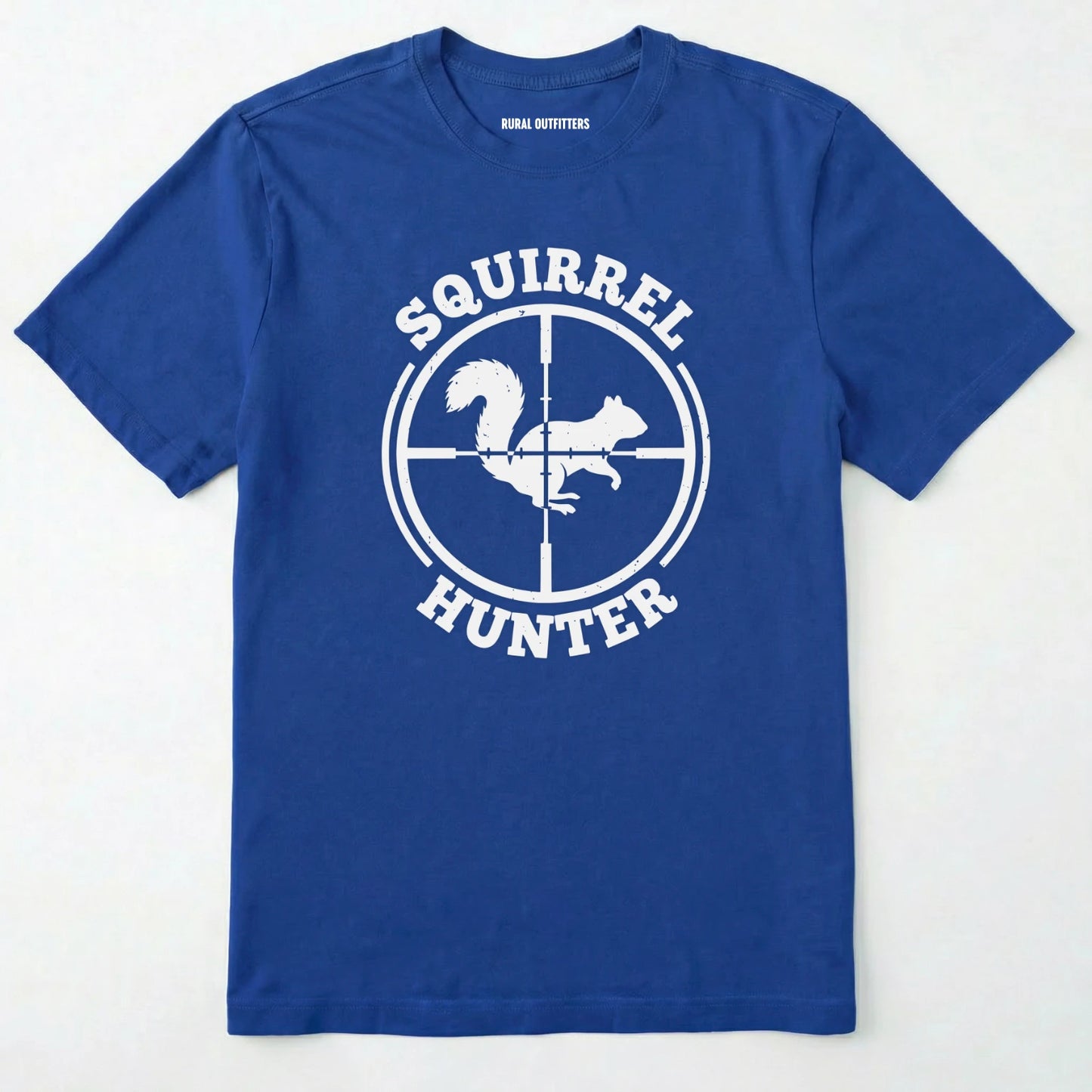 Royal t-shirt with 'squirrel hunter' graphic design on a white background