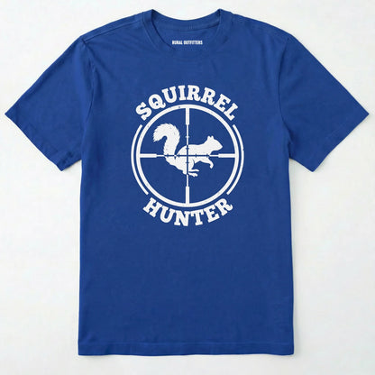 Royal t-shirt with 'squirrel hunter' graphic design on a white background