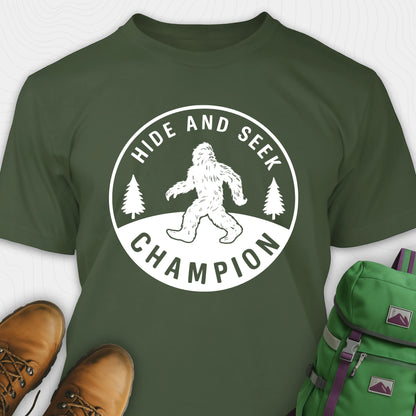 Green bigfoot hide and seek champion shirt with forest emblem