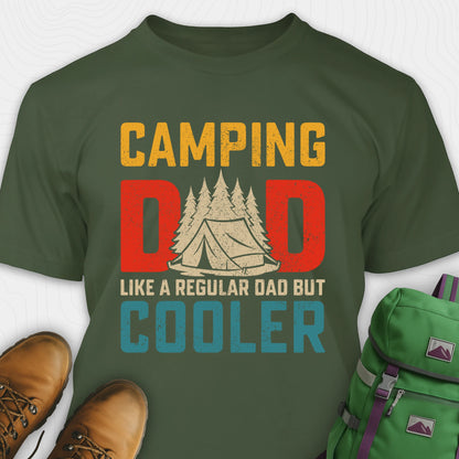 Green camping dad shirt with retro tent and trees graphic