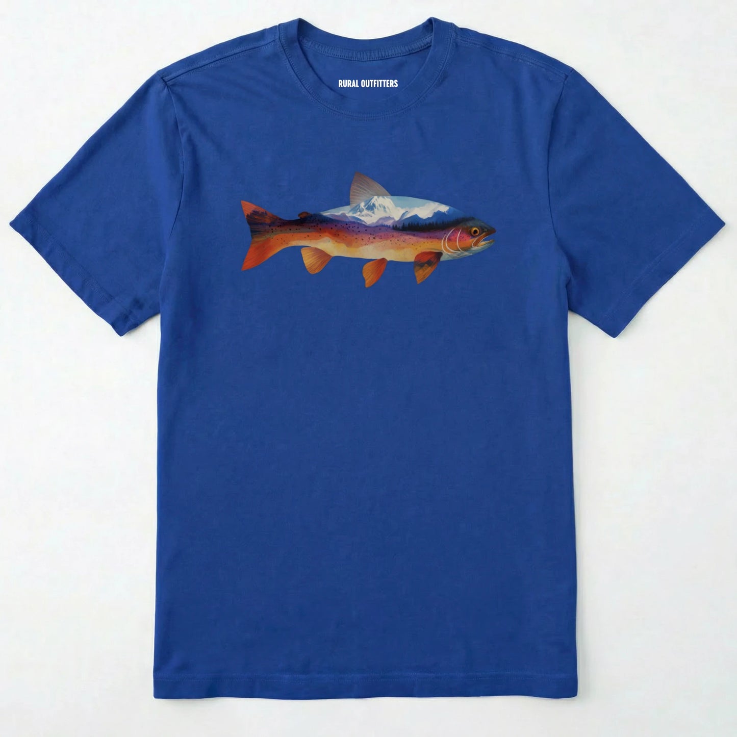 Royal fish shirt with a colorful trout and mountain landscape graphic on a white background.
