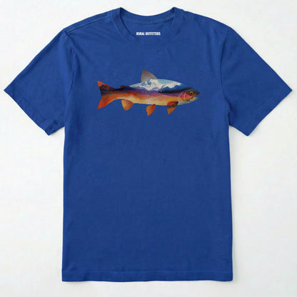 Royal fish shirt with a colorful trout and mountain landscape graphic on a white background.