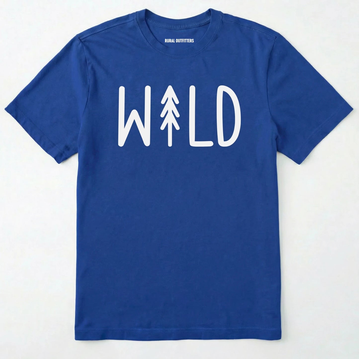 Black t-shirt with 'wild' and a tree graphic on a white background