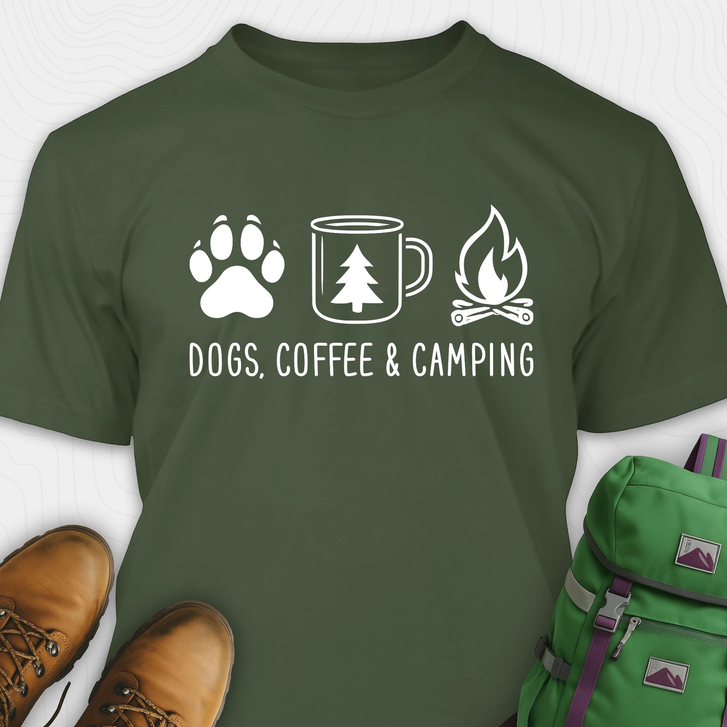 Green camping dog shirt with paw print, coffee mug and campfire design