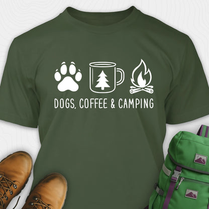 Green camping dog shirt with paw print, coffee mug and campfire design
