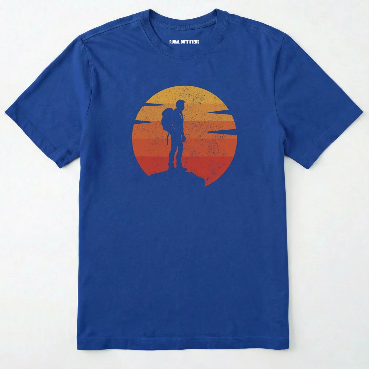 Royal retro sunset t-shirt with hiker silhouette on a white background.