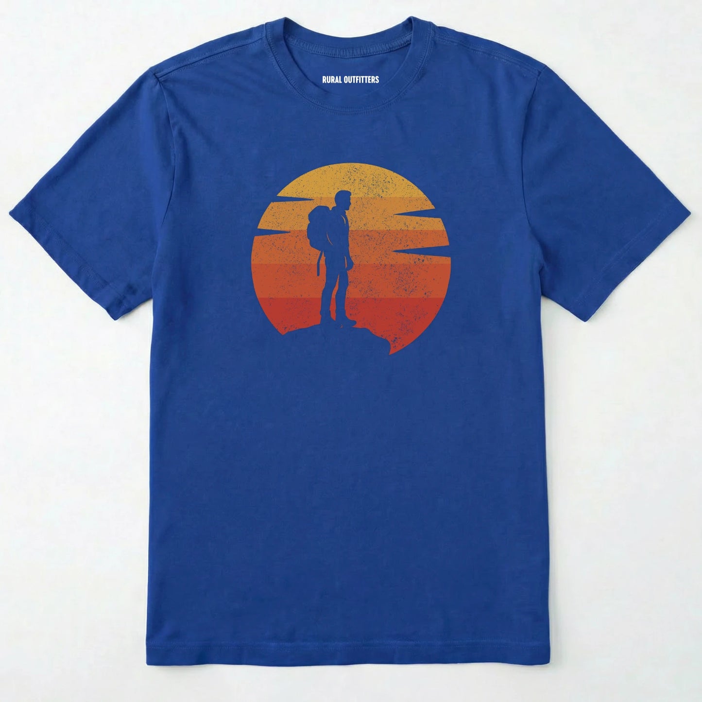 Royal retro sunset t-shirt with hiker silhouette on a white background.