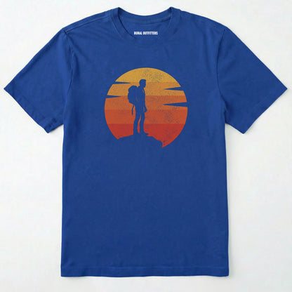 Royal retro sunset t-shirt with hiker silhouette on a white background.