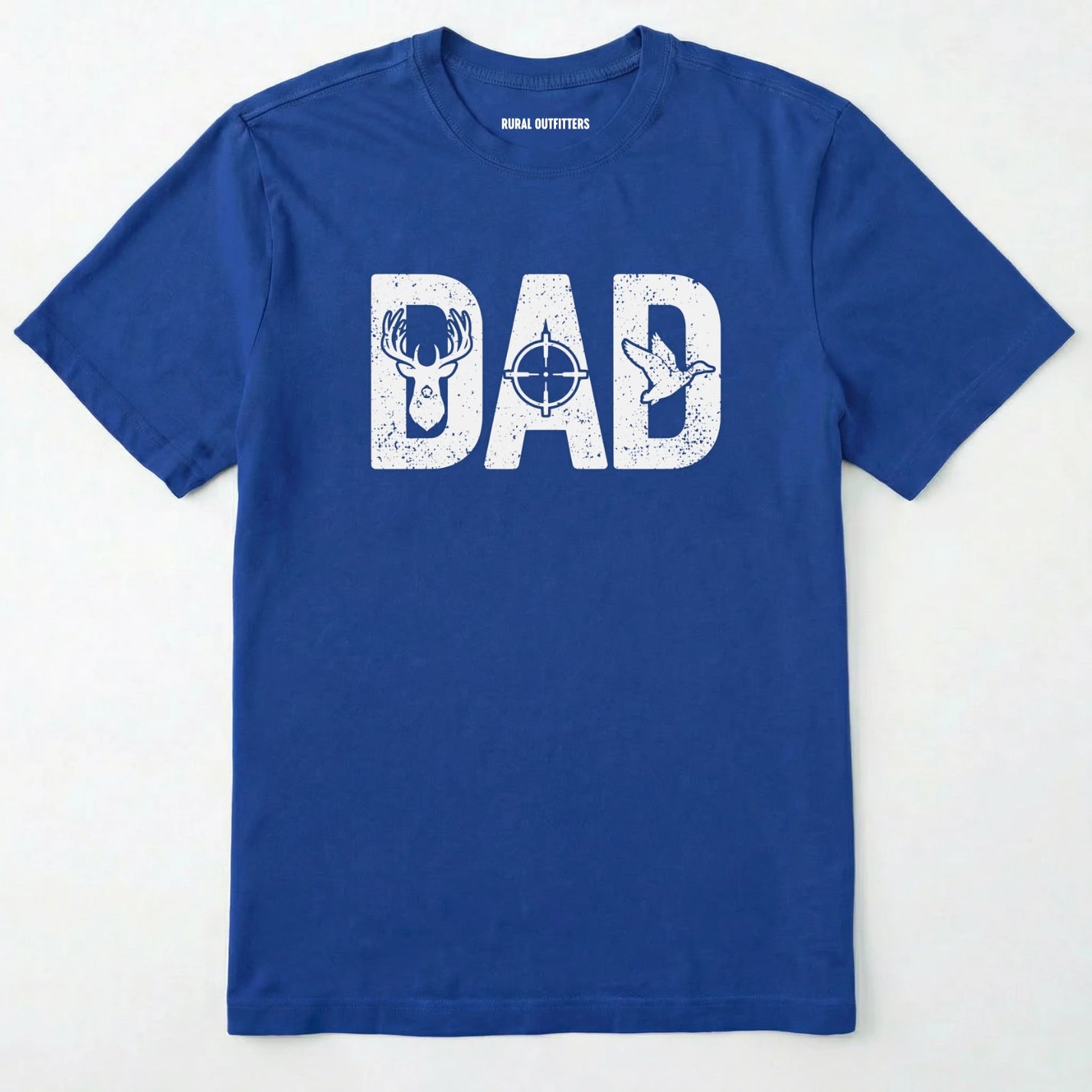 Royal t-shirt with 'dad' graphic design featuring a deer and target on a white background