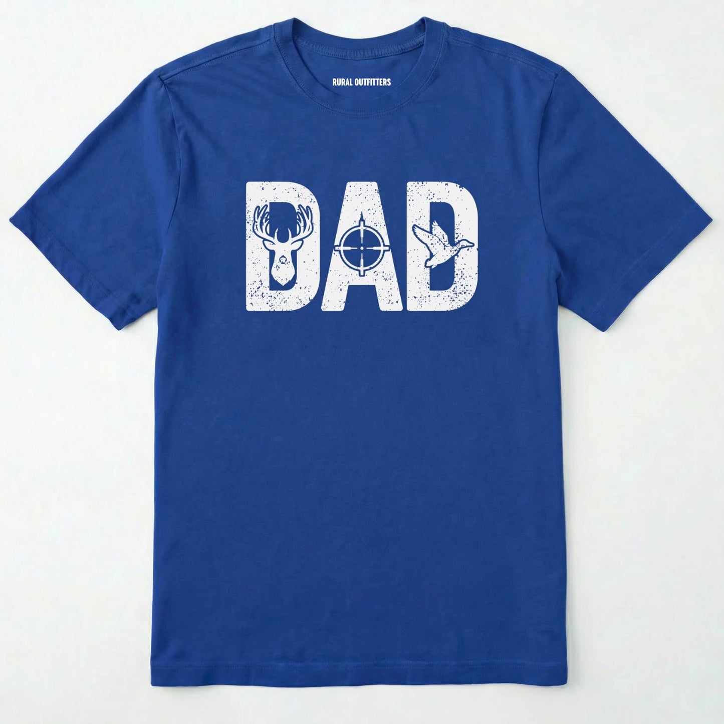 Royal t-shirt with 'dad' graphic design featuring a deer and target on a white background