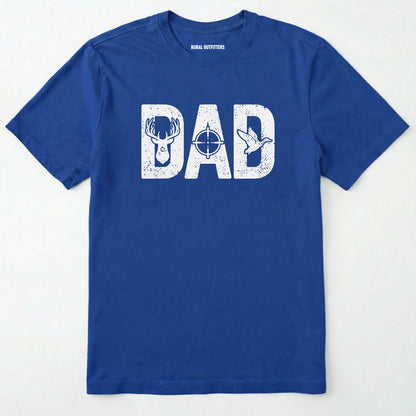 Royal t-shirt with 'dad' graphic design featuring a deer and target on a white background