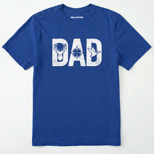 Royal t-shirt with 'dad' graphic design featuring a deer and target on a white background