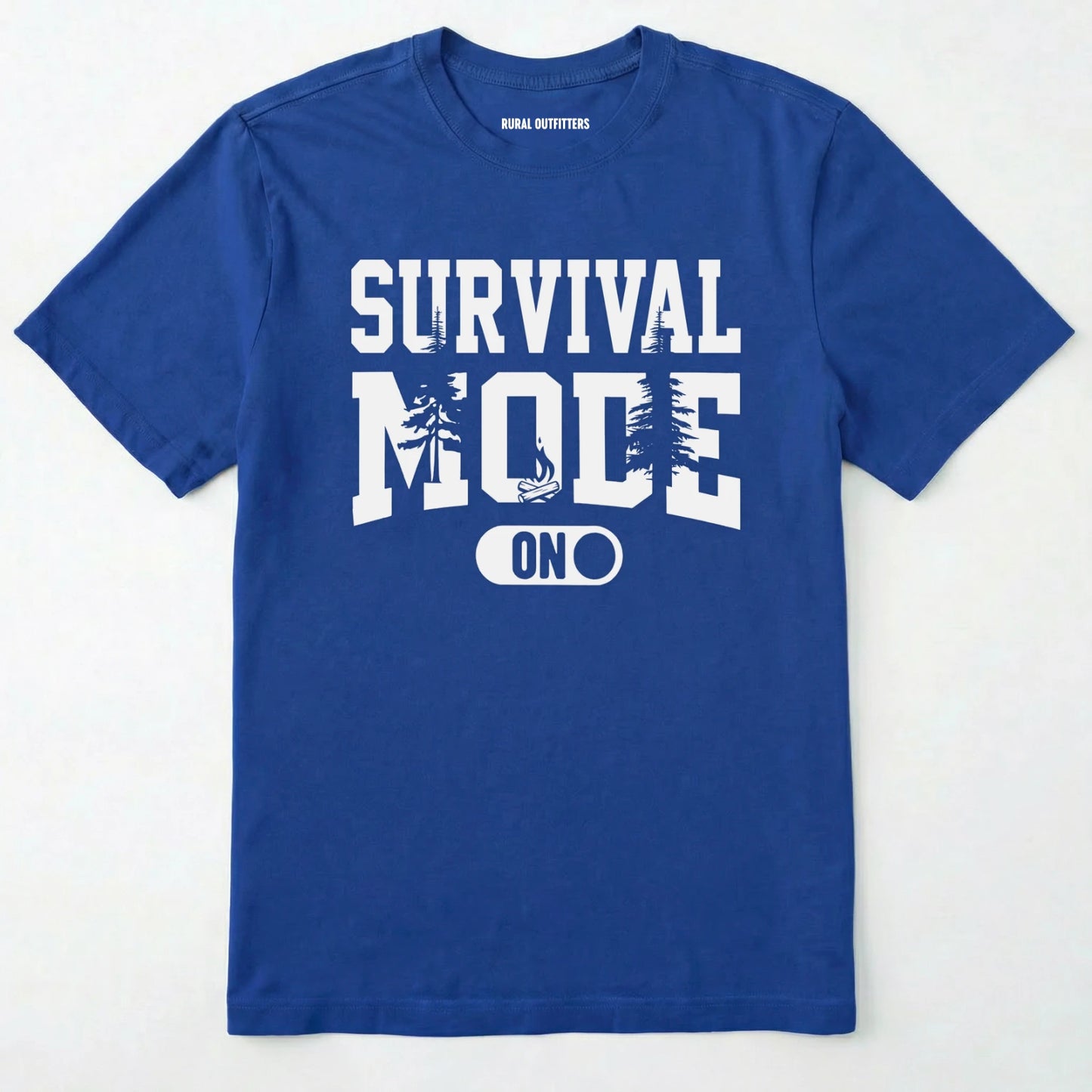 Royal survival mode shirt with camping-themed graphic and rugged text on a white background.