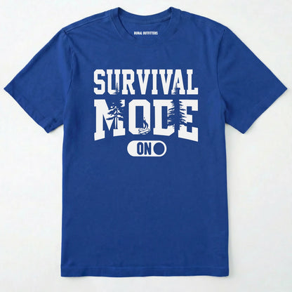 Royal survival mode shirt with camping-themed graphic and rugged text on a white background.