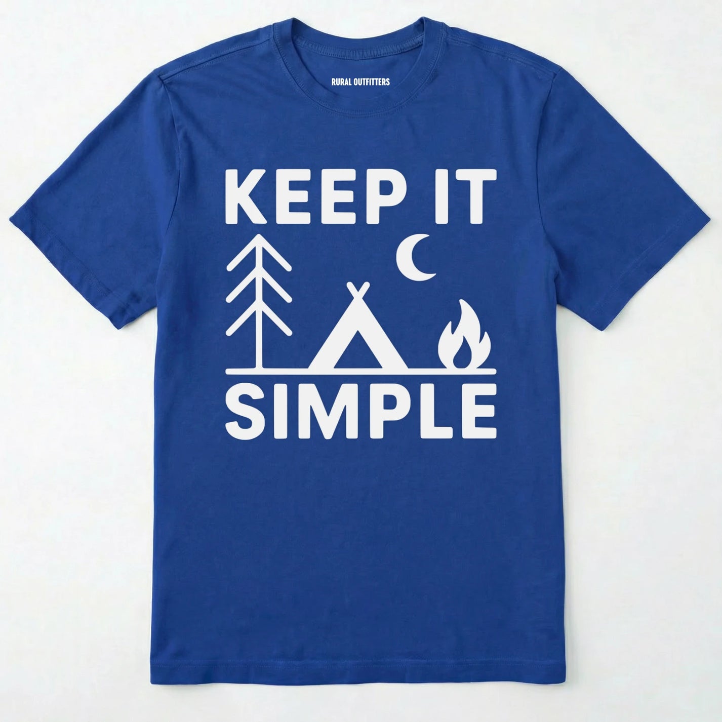 Royal keep it simple camping t-shirt with tent and campfire graphic on a white background