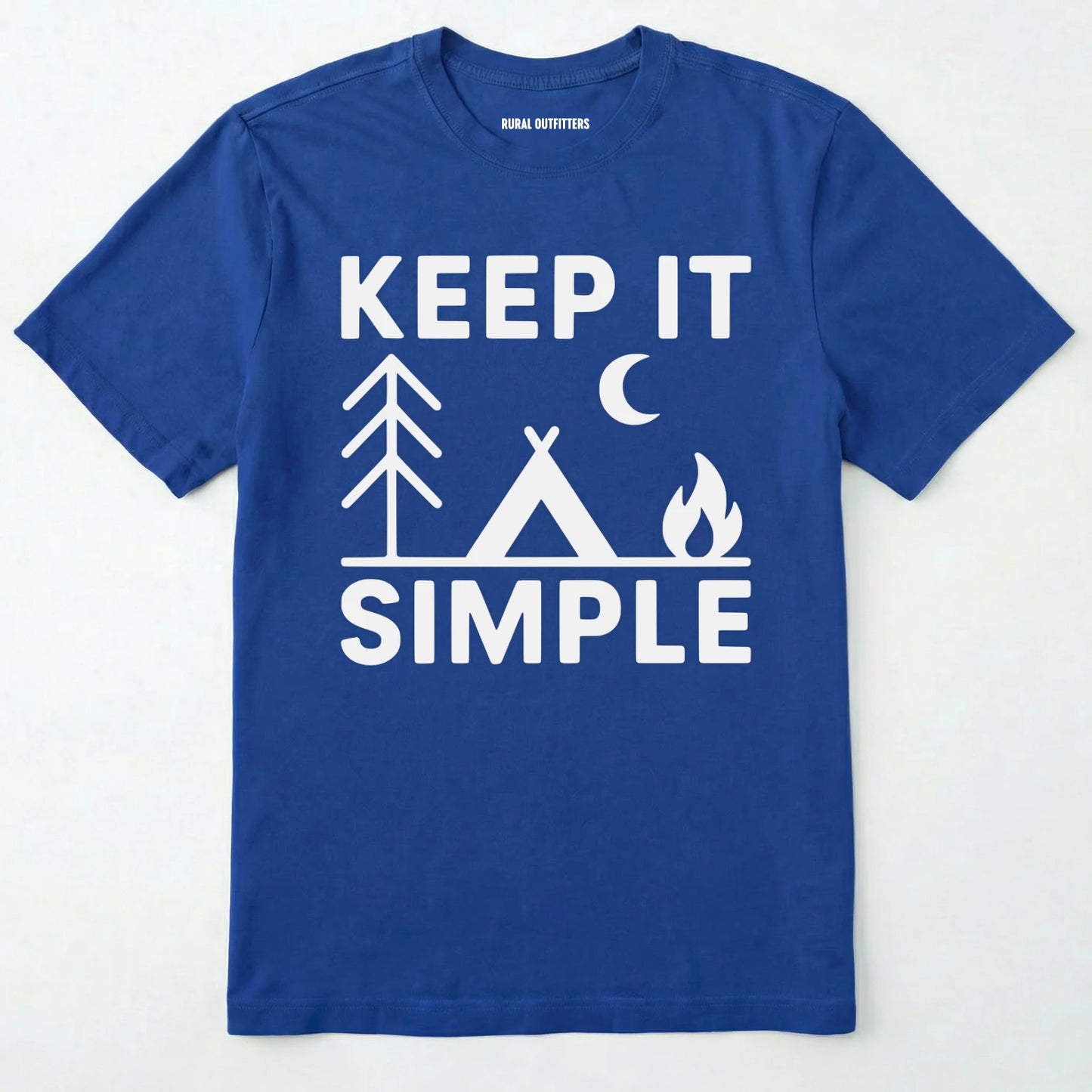 Royal keep it simple camping t-shirt with tent and campfire graphic on a white background