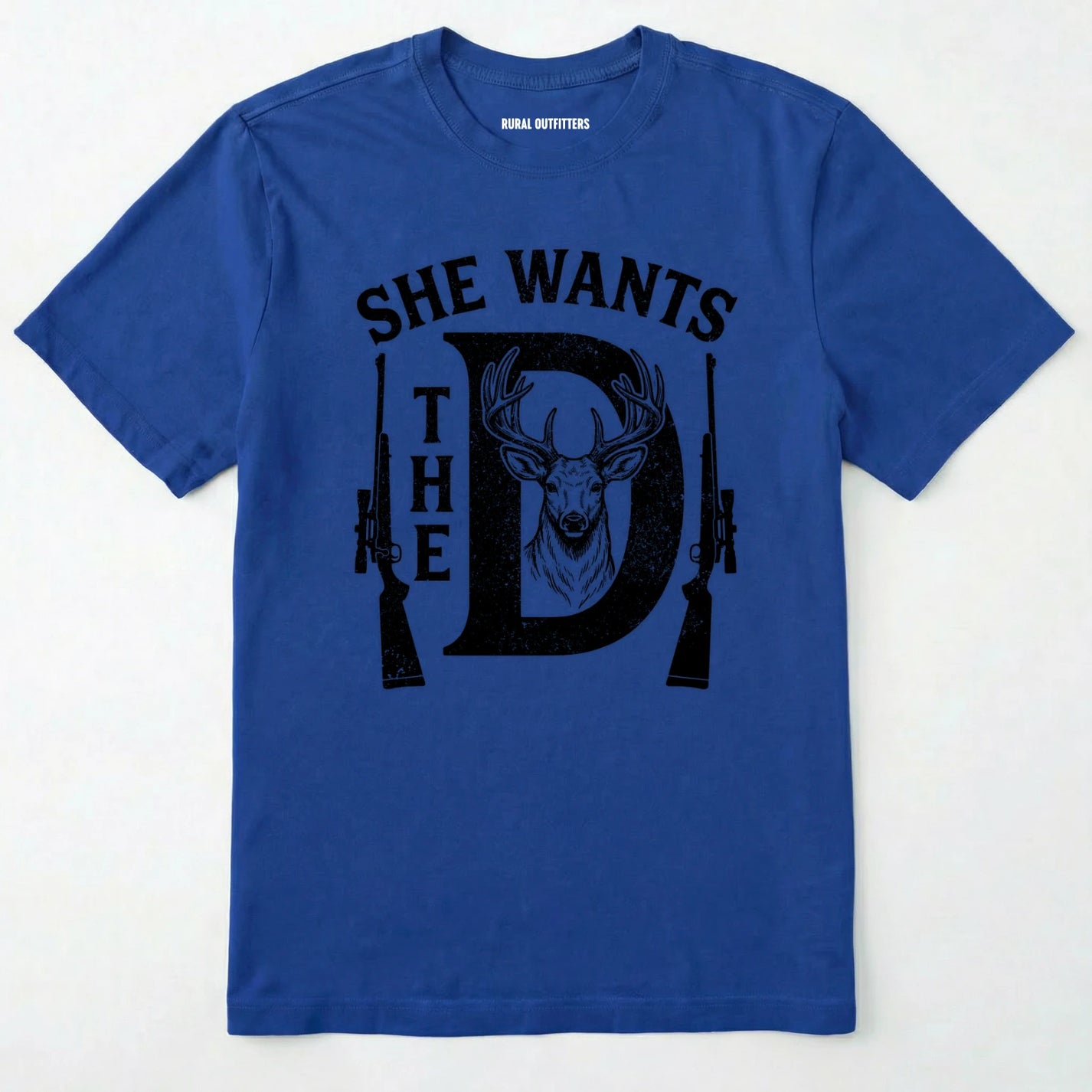 Royal t-shirt with black graphic design and text on a white background