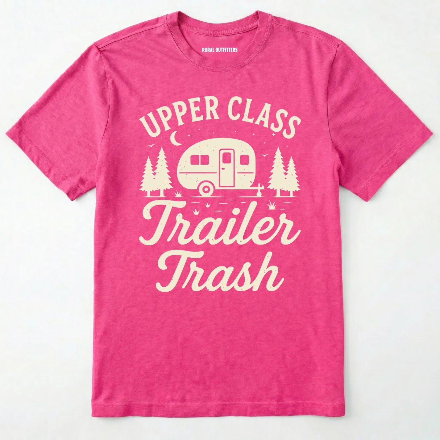 Heliconia Upper Class Trailer Trash t-shirt with camper graphic on a white background