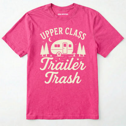 Heliconia Upper Class Trailer Trash t-shirt with camper graphic on a white background