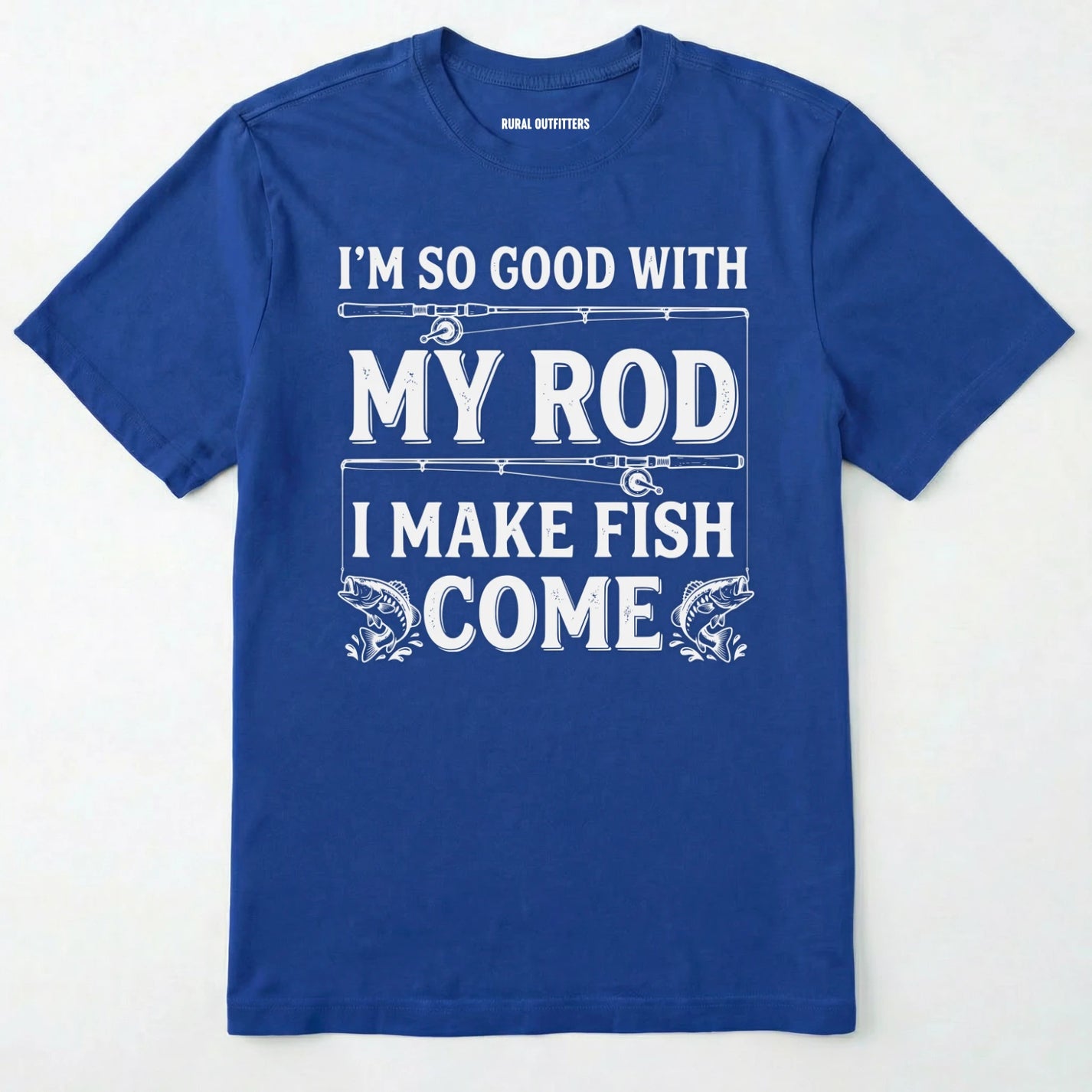 Royal t-shirt with white text and graphics on a white background