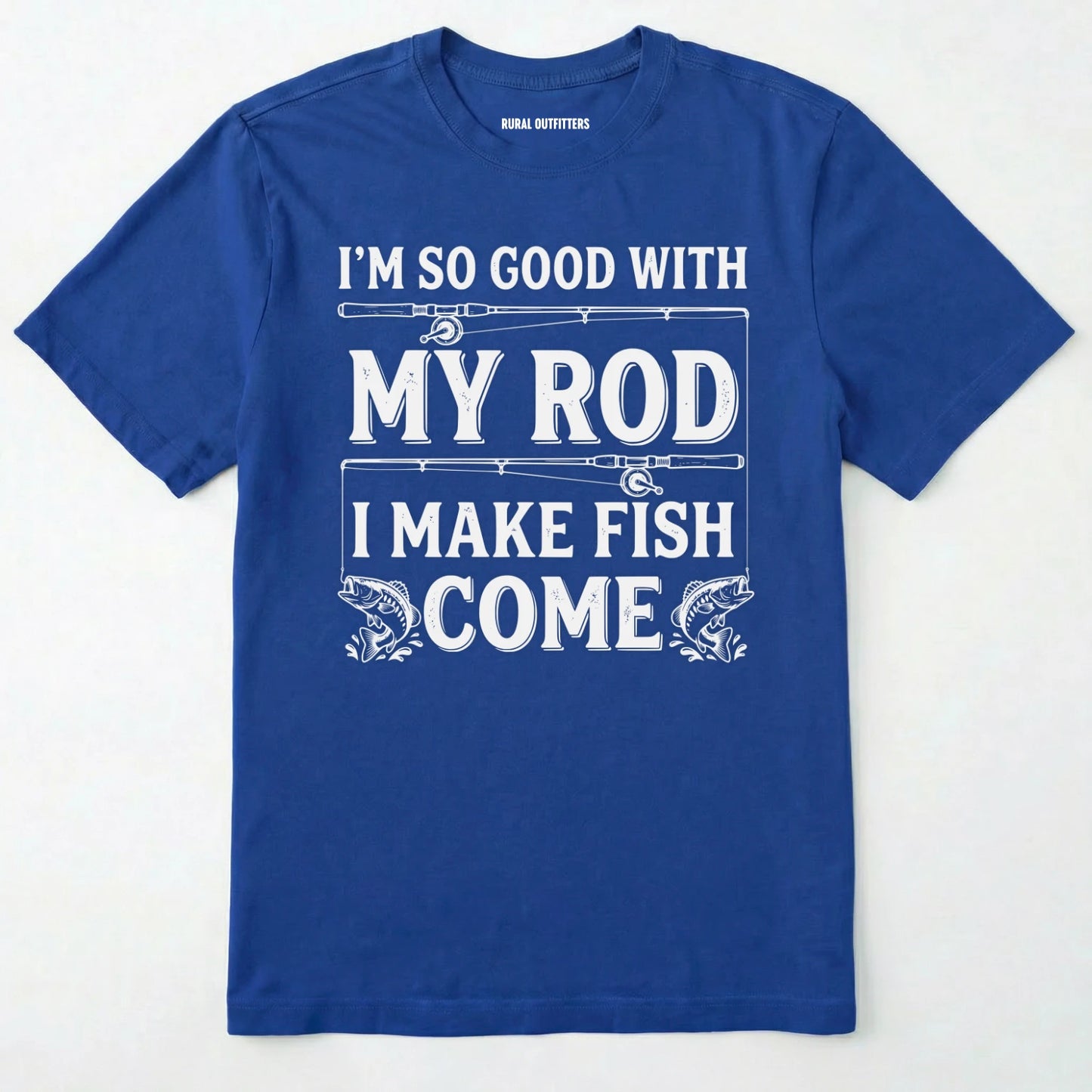 Royal t-shirt with white text and graphics on a white background